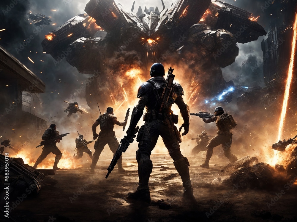 Fototapeta premium Military soldier squad battle scene, action shooter battle game cover with smoke, dust and explosions