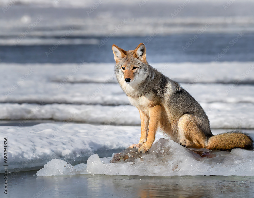 Fototapeta premium Coyote (Canis latrans) sitting on ice, looking down. Madison Valley, Yellowstone National Park, USA.