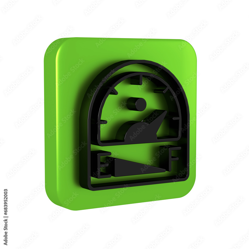 Black Motor gas gauge icon isolated on transparent background. Empty fuel meter. Full tank indication. Green square button. Black Motor gas gauge icon isolated on transparent background. Empty fuel meter. Full tank indication. Green square button.