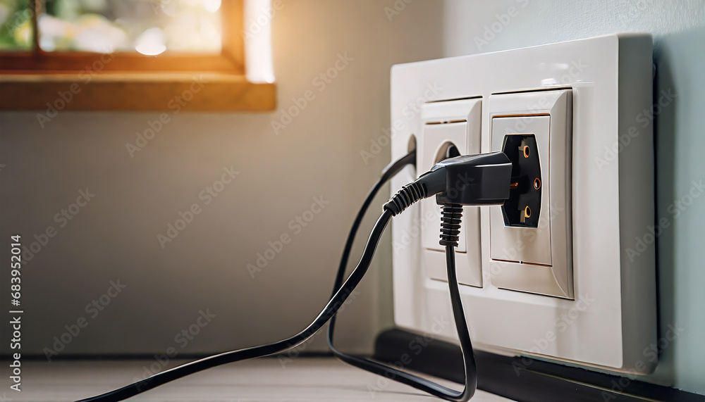 Electrical plug in outlet socket at home; white wall sockets electric power Electrical plug in outlet socket at home; white wall sockets electric power