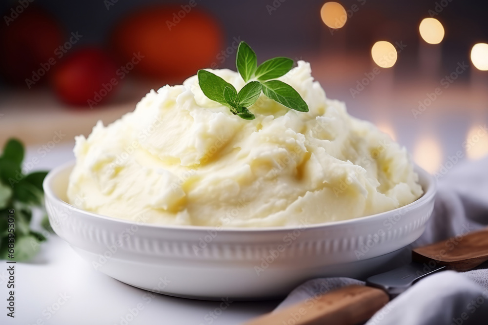 Creamy mashed potatoes in white bowl in white kitchen. Healthy food. Generative AI