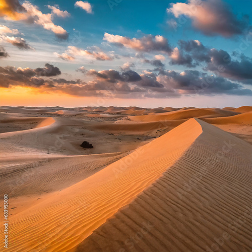 Sand dunes at sunset in the Wahiba Sands desert with clouds in the sky  Oman  Middle East
