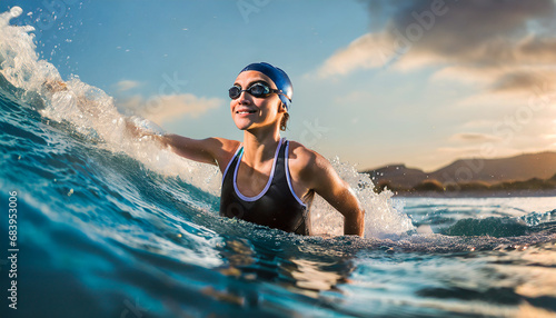 Professional woman swimmer on a wave © Donald