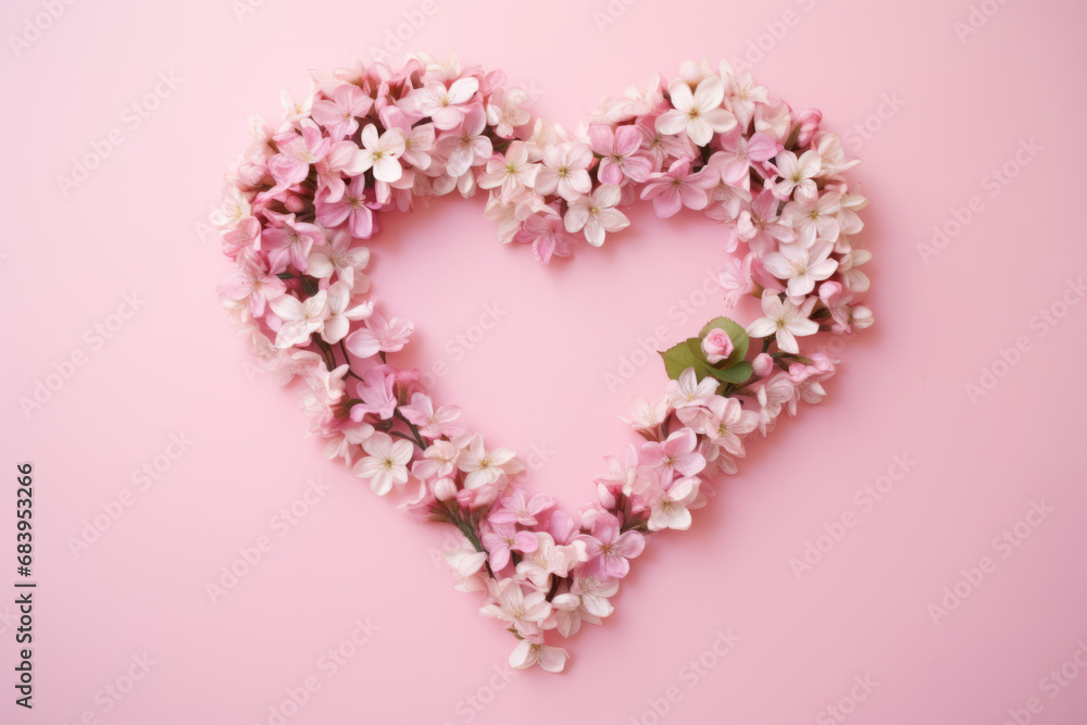Pastel pink romantic background. Spring flowers creating heart shaped frame. Generative AI