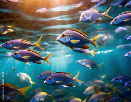 under sea photo, fish in motion pattern on water surface