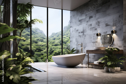 Modern luxury bathroom with marble walls. Bathtub  towels and other personal bathroom accessories. Generative AI