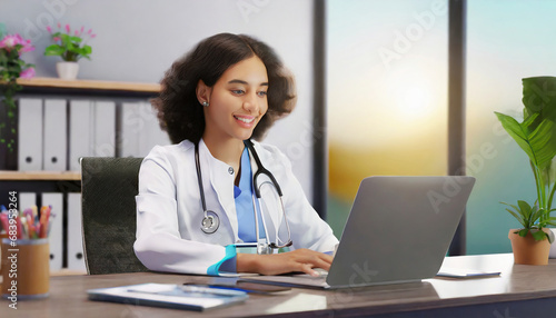 young asian lady doctor in white medical uniform with stethoscope using computer laptop talking video conference call with patient at desk in health clinic