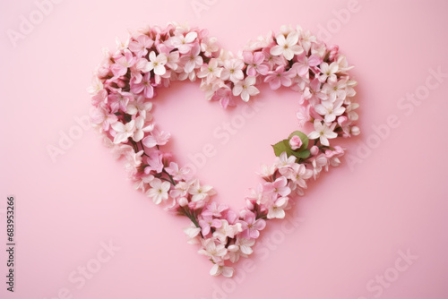 Pastel pink romantic background. Spring flowers creating heart shaped frame. Generative AI