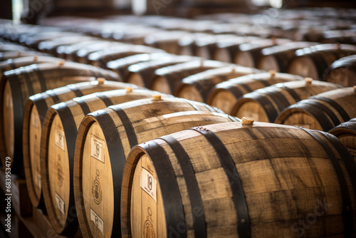 Wooden oak port barrels in neat rows. Wine barrels in a old dark wine cellar. Generative AI