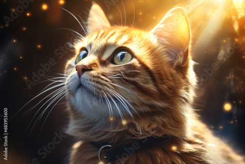 A cute cat photo with sunshine over it during the golden hour