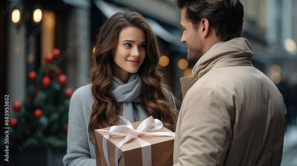 young handsome man gives a gift to a beautiful woman on a city street, date, love, Christmas, Valentine's day, guy and girl, romance, boyfriend, new year, family, couple of lovers, birthday, emotions young handsome man gives a gift to a beautiful woman on a city street, date, love, Christmas, Valentine's day, guy and girl, romance, boyfriend, new year, family, couple of lovers, birthday, emotions