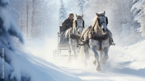  two horses pulling a man in a sleigh through a snow - covered forest on a sleigh.