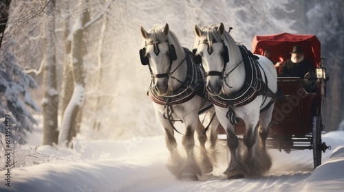  two white horses pulling a sleigh through a snow covered forest with a man in the back of the sleigh.