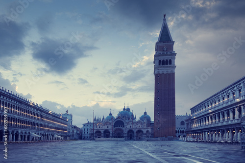 Panorama of Piazza San Marco in Venice at night, Italy