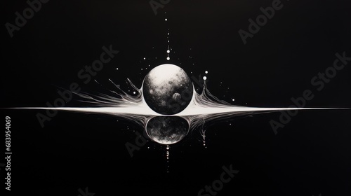  a black and white photo of a sphere with a reflection of the moon in the water on a black background.