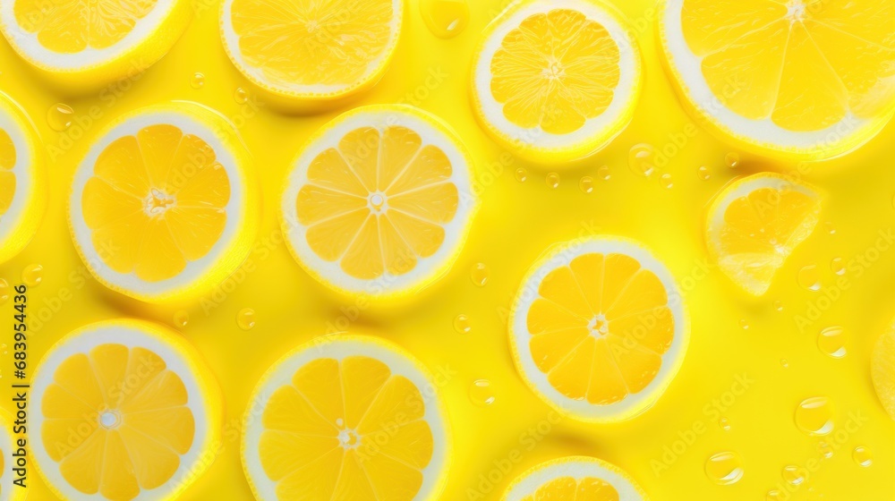  a group of sliced lemons sitting on top of a yellow surface with drops of water on the top of them.