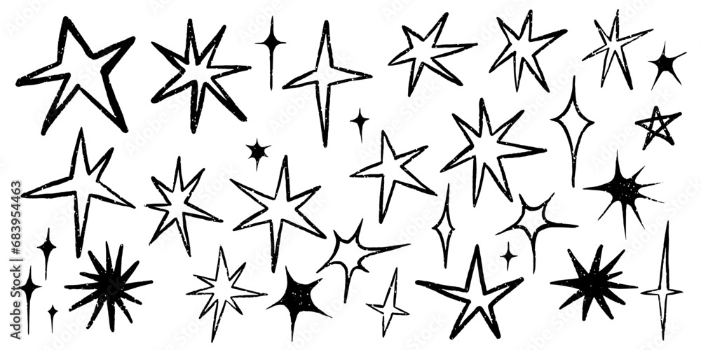 Set of stars. Collection of simple hand drawn stars. Drawn with brush. Grunge stars isolated on white background Set of stars. Collection of simple hand drawn stars. Drawn with brush. Grunge stars isolated on white background