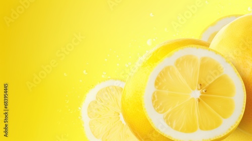  a close up of a sliced lemon on a yellow background with water splashing on the top of the lemon.