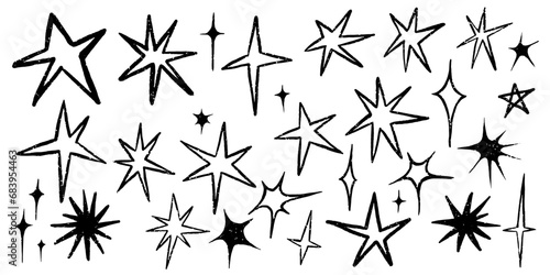 Set of stars. Collection of simple hand drawn stars. Drawn with brush. Grunge stars isolated on white background