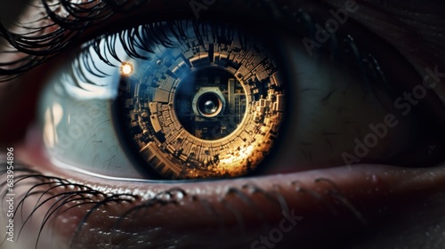  a close up of a person's eye with the reflection of a clock in the iris of the eye.