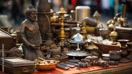 Trading of historical artifacts, A collection of valuable relics and obsolete items for purchase at the outdoor marketplace.