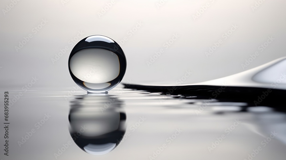 a close up of a water drop on a surface with a white and black object in the middle of it. a close up of a water drop on a surface with a white and black object in the middle of it.