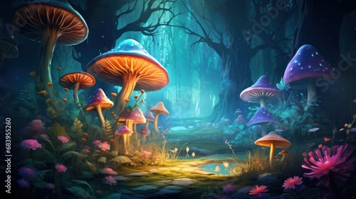 Vibrant Flowers and Giant Mushrooms in a Whimsical Forest Landscape. AI Illustration.