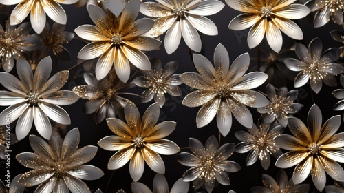  a close up of a bunch of flowers on a black and white background with lots of gold and silver petals.