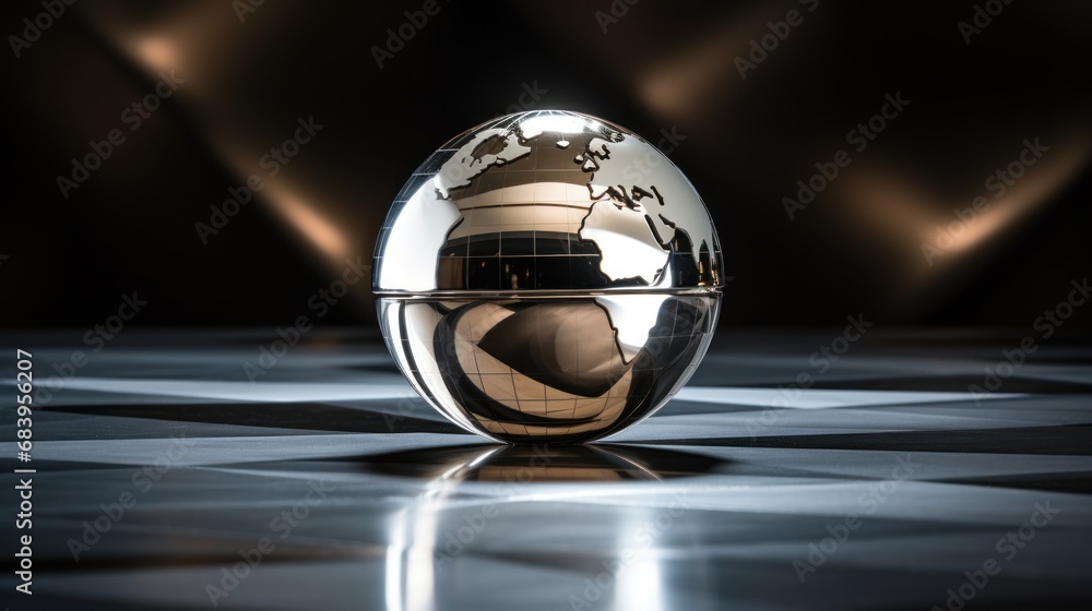  a shiny egg with a reflection of a person's feet in it on a black and white checkered floor.