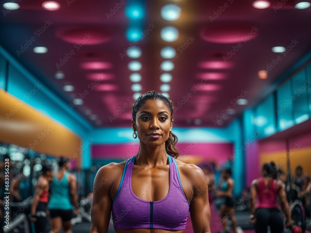 woman doing fitness exercises in a very colourful gym.