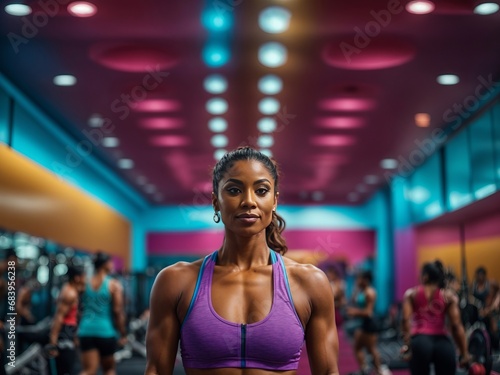 woman doing fitness exercises in a very colourful gym.