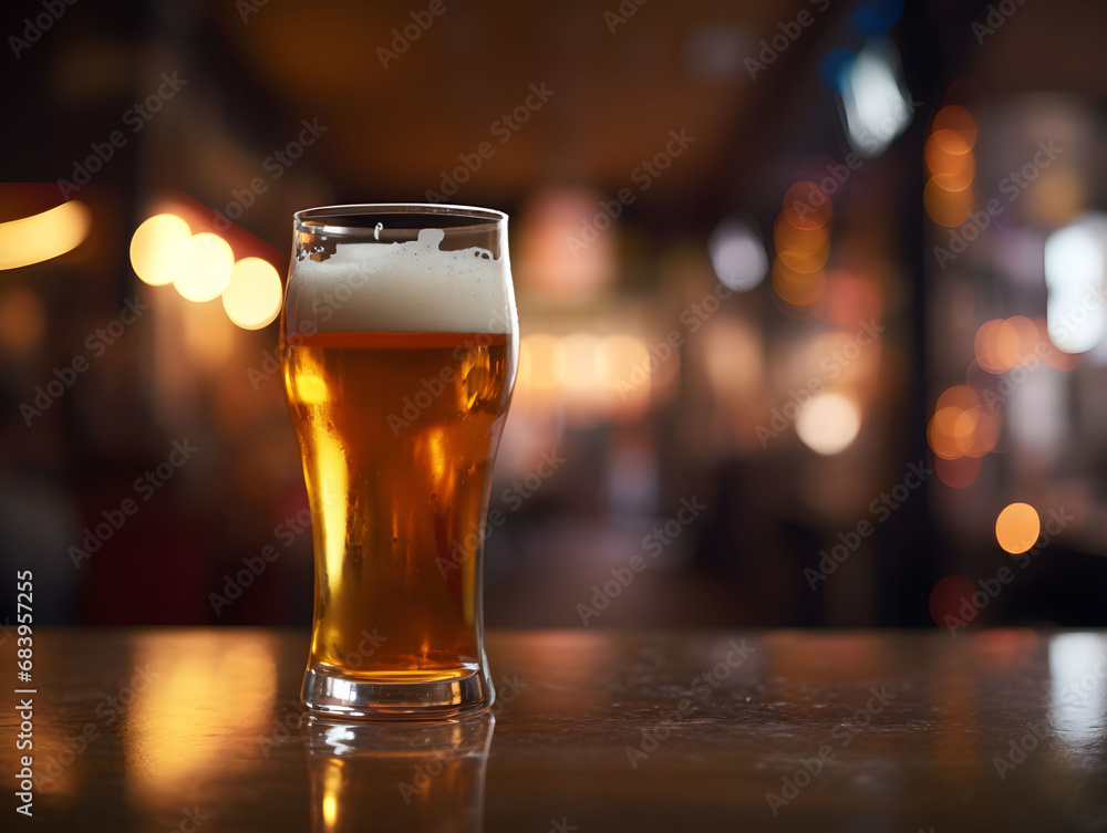 close-up picture of a beer with a bar background, glass of cold beer, alcohol, party at the pub and restaurant, crafted homemade brewery, saint patrick, event at the bar