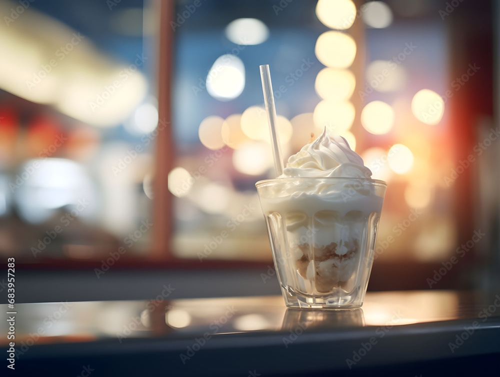 white sundae ice-cream, yogurt ice cream in a glass with a straw in a dinner background, restaurant table, melted caramel sauce, american fast food, sweet, white sundae ice-cream, yogurt ice cream in a glass with a straw in a dinner background, restaurant table, melted caramel sauce, american fast food, sweet,