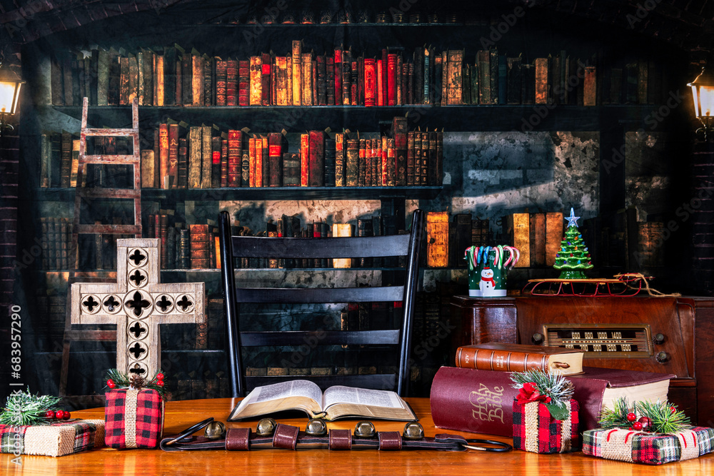 reason for the season Christmas decorations with cross and bible on table with old library background
