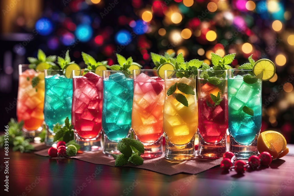 beautiful row line of different colored alcohol cocktails on bar in nightclub copyspace beautiful row line of different colored alcohol cocktails on bar in nightclub copyspace