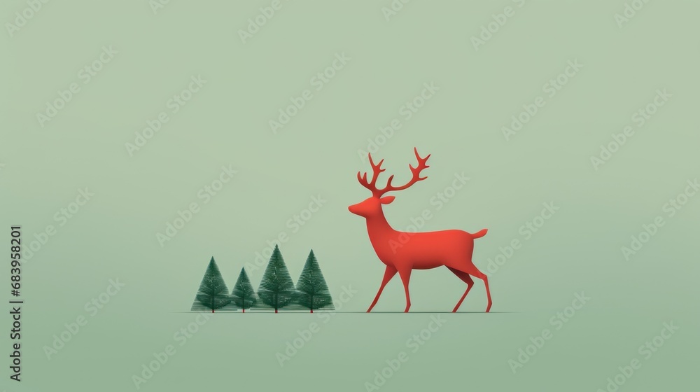 a red deer standing in front of a row of green trees on a green background with a green sky in the background. a red deer standing in front of a row of green trees on a green background with a green sky in the background.