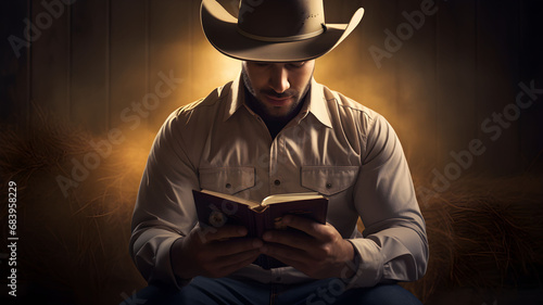 Close up of a man reading the Holy Bible and praying. Concept of religiosity and mystery