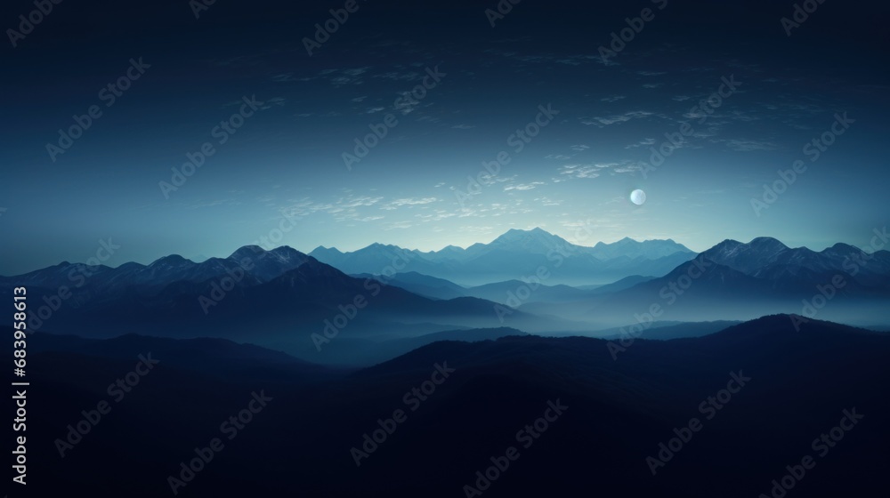  a view of a mountain range at night with the moon in the sky and the moon rising over the mountains.