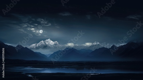  a night scene of a mountain range with a lake in the foreground and a full moon in the background.