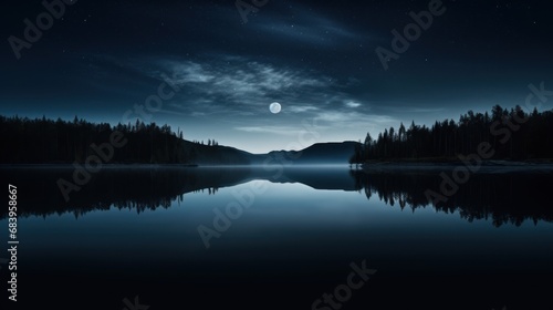  a lake at night with a full moon in the sky and trees in the foreground and a mountain range in the distance.