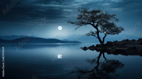  a lone tree in the middle of a body of water with a full moon in the sky in the background. © Anna