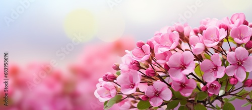 In the refreshing embrace of nature  a green and natural season unveils its beauty through an outdoor closeup of fresh pink flowers on a vibrant background.
