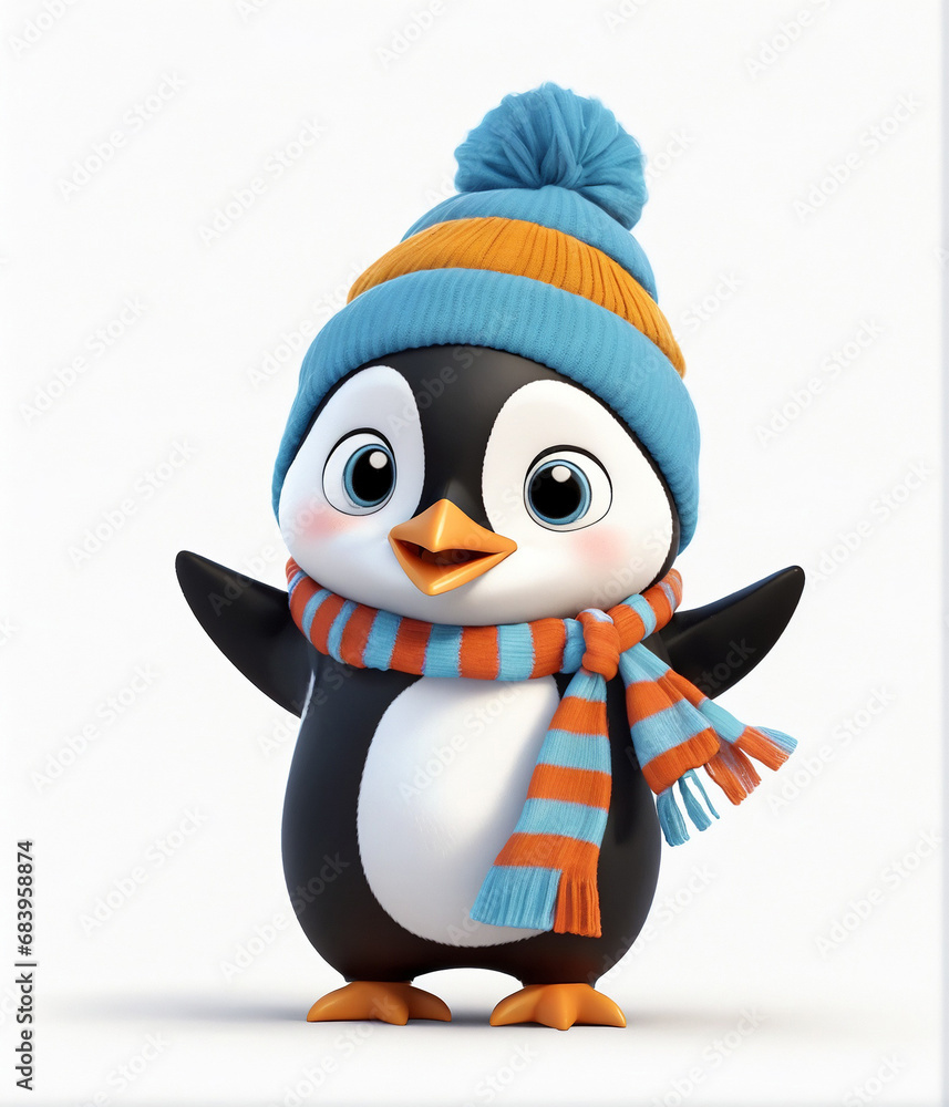 Obraz premium A 3d cartoon character penguin wearing scarf and hat on the white background, looking cute, adorable and joyful