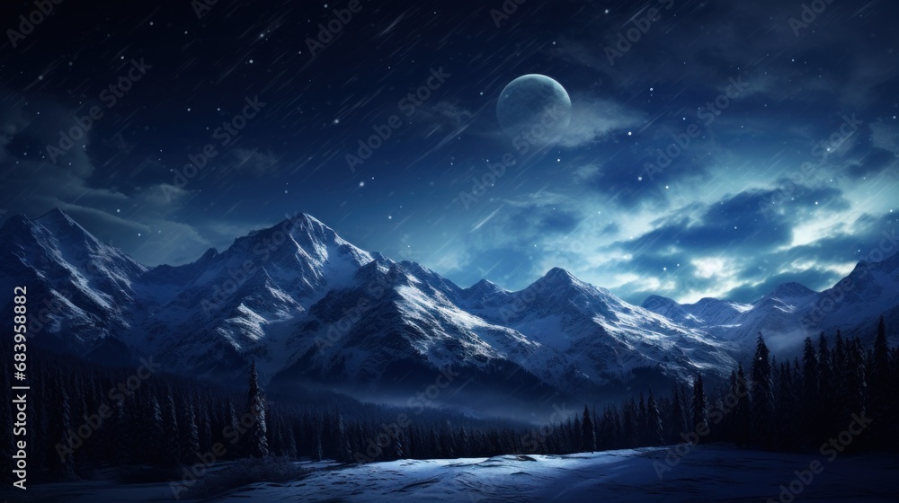  a snow covered mountain range under a night sky with stars and a full moon in the middle of the sky.