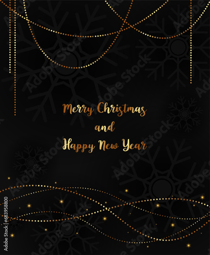 Abstract vector holiday background with dark snowflakes, stars and glittering golden garland