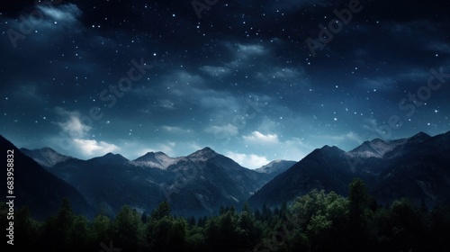  a night scene of a mountain range with stars in the sky and a full moon in the sky above it.