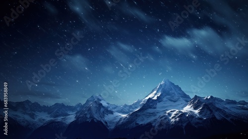  a night scene of a mountain range with stars in the sky and a full moon in the sky above it. © Anna