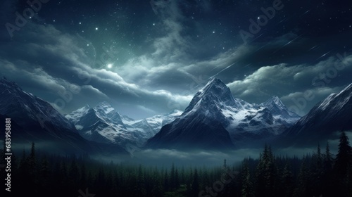  a night scene with a mountain range in the foreground and a full moon in the sky in the background.