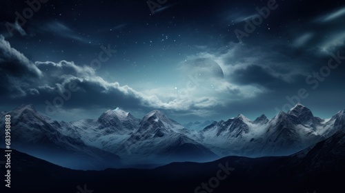  a view of a mountain range at night with the moon in the sky and stars in the sky above it.