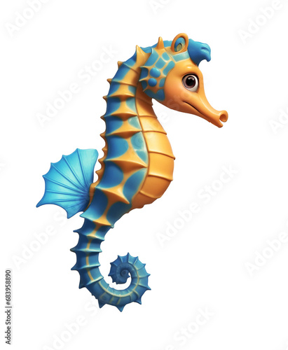 A 3d cartoon character seahorse on the white background, looking cute, adorable and joyful